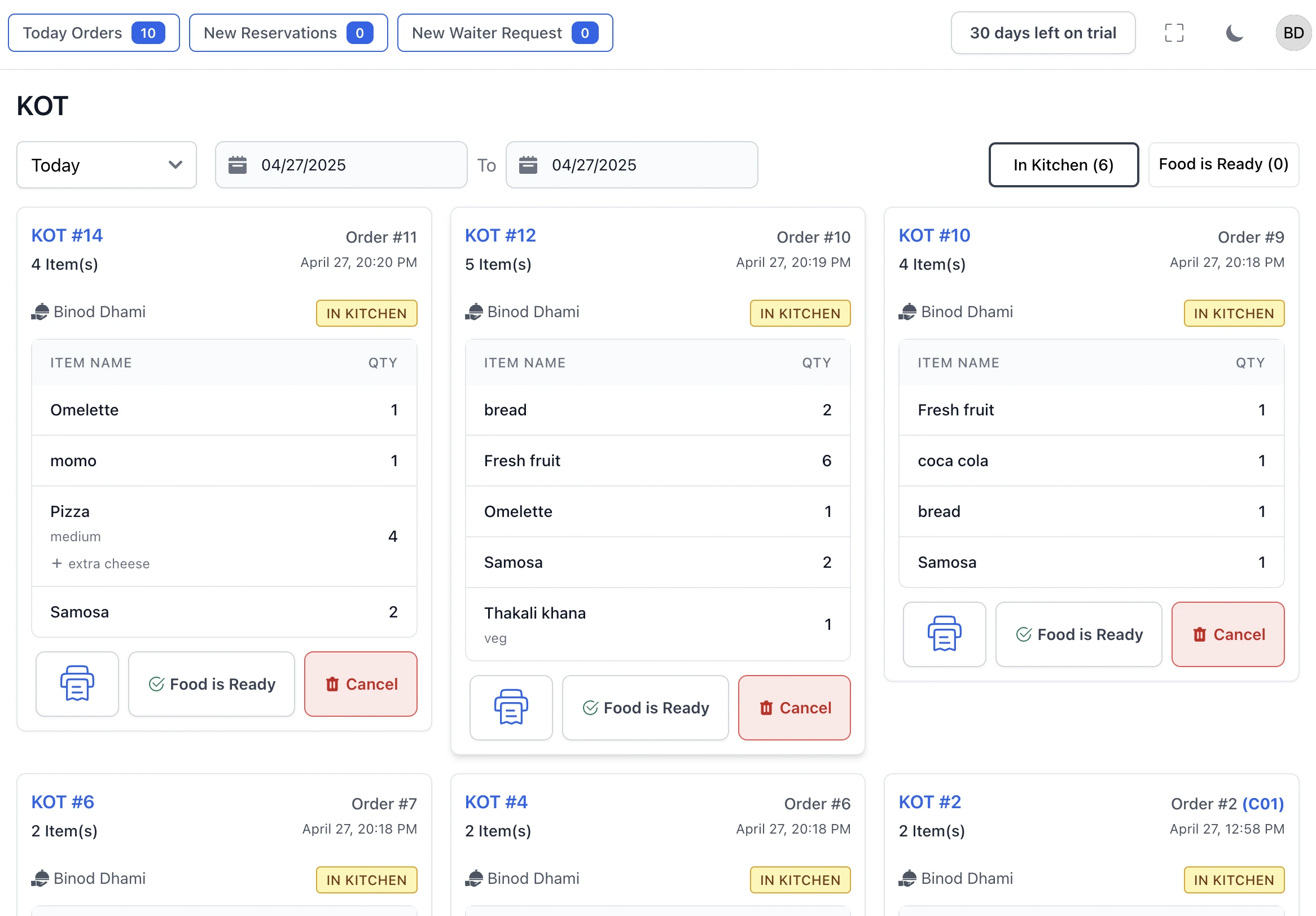 Kitchen Order Ticket System