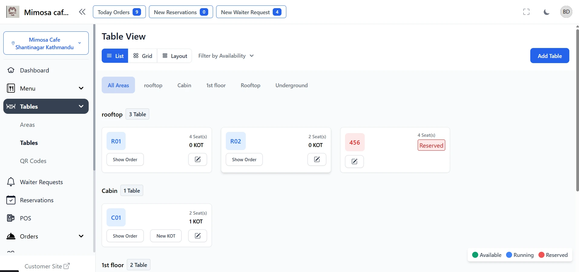 Table Management for Nepal Restaurant Management Software